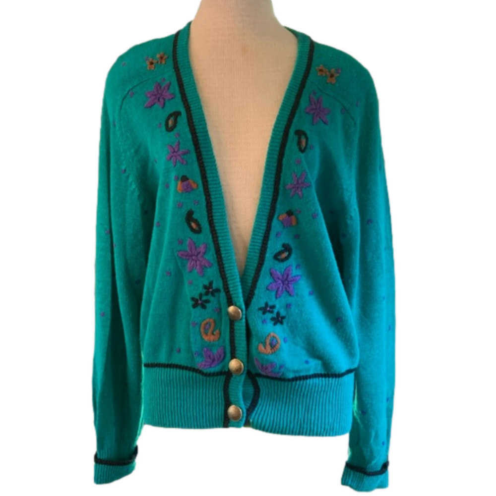 Worthington sz L vintage turquoise grandma sweater w/ floral embroidery